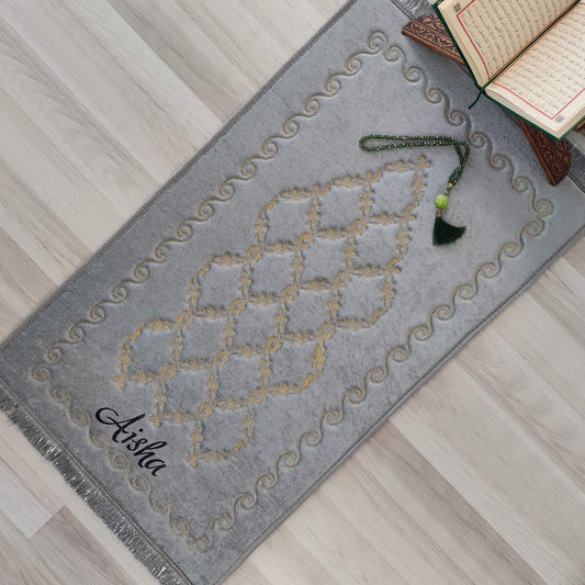 Extra Foam Padded Gold Embroidered Gray Prayer Mat 102